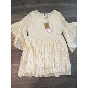 NEW Umgee Cream Metallic Stripe Babydoll Dress Flowy Ruffle‎ Sleeve M